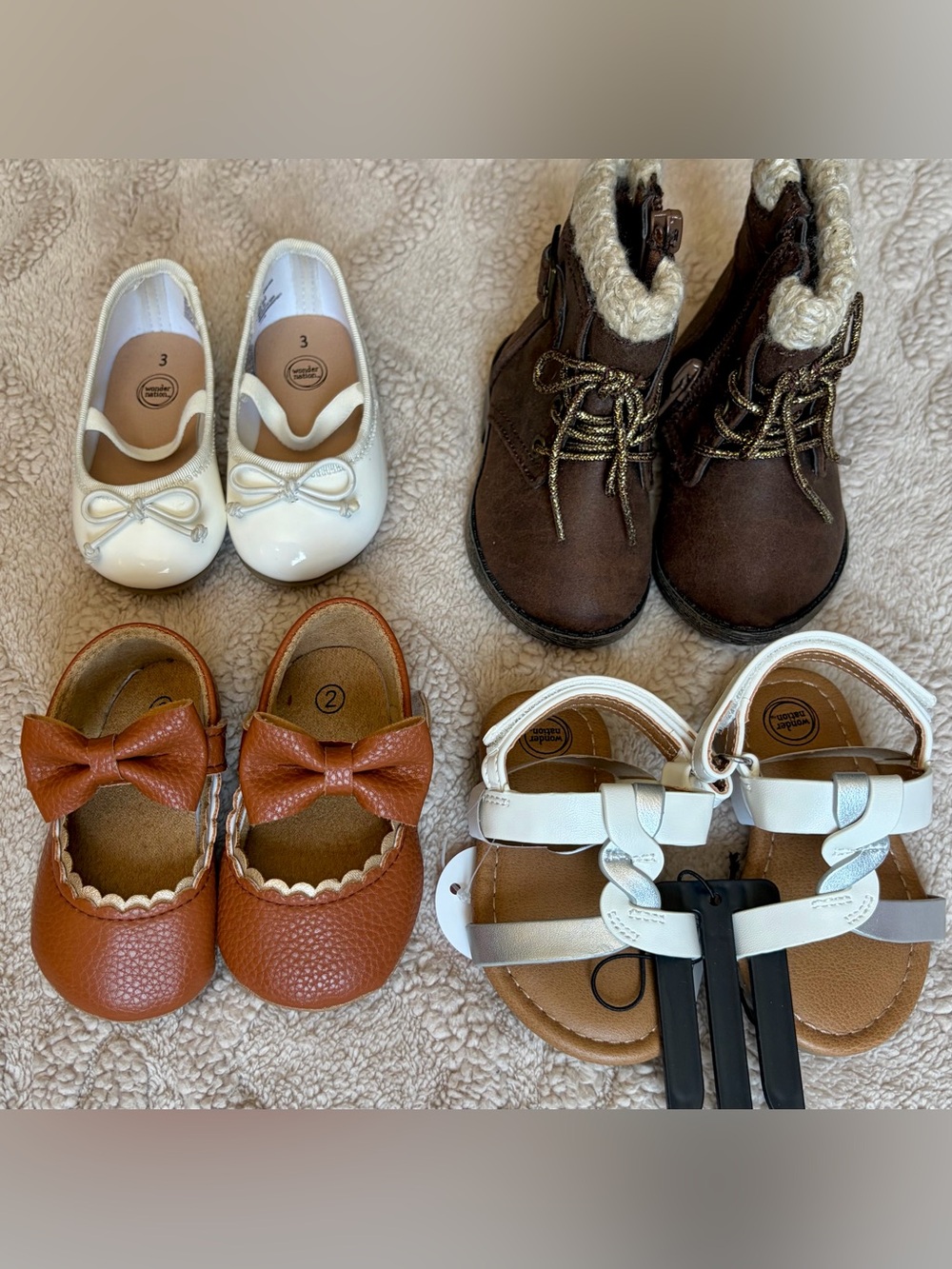 Toddler Girl Size 3 Dress Shoe Bundle - Brown & White Flats Boots, 4 Pair Lot